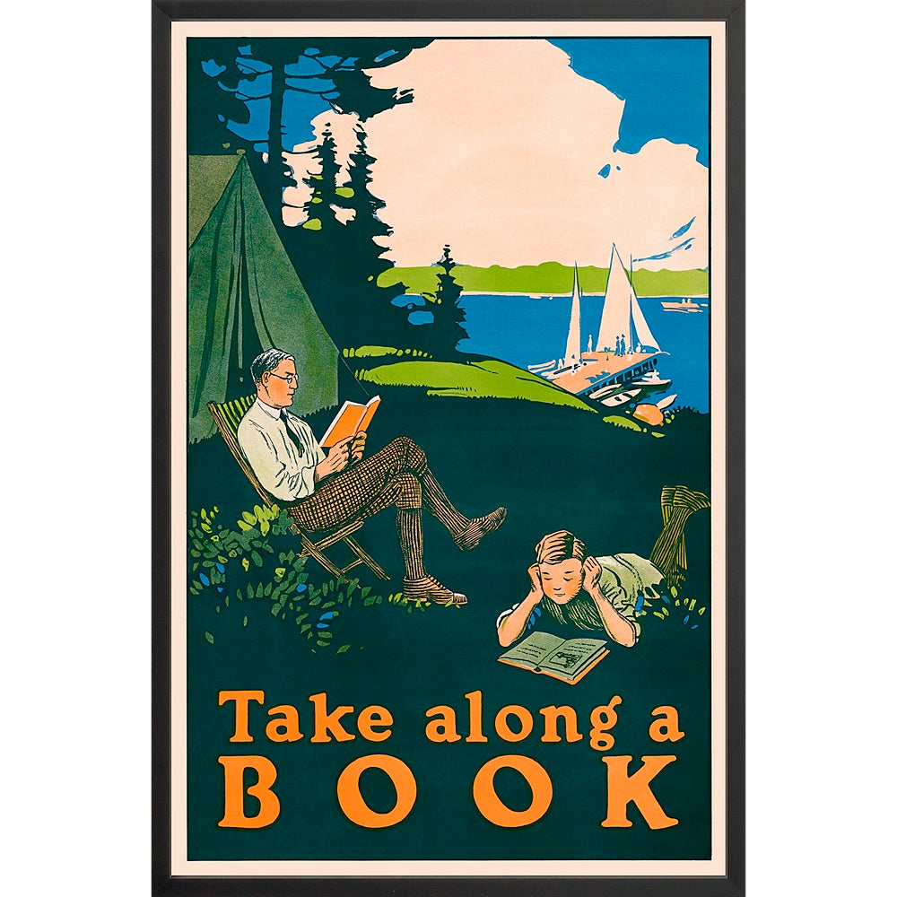 A serene camping scene from the 1910s: a man reads in a chair while a boy reads on the ground, with tall pine trees, a lake, and fluffy clouds in the background.