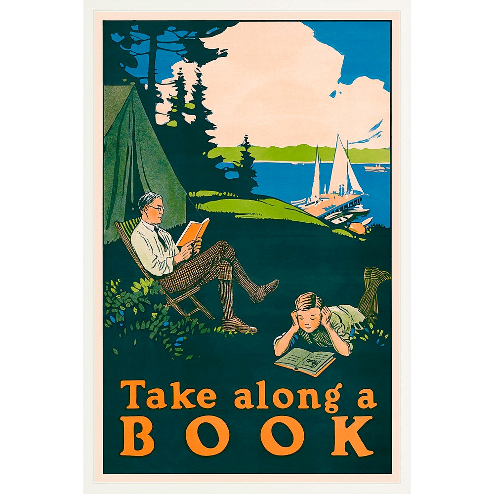 A serene camping scene from the 1910s: a man reads in a chair while a boy reads on the ground, with tall pine trees, a lake, and fluffy clouds in the background.