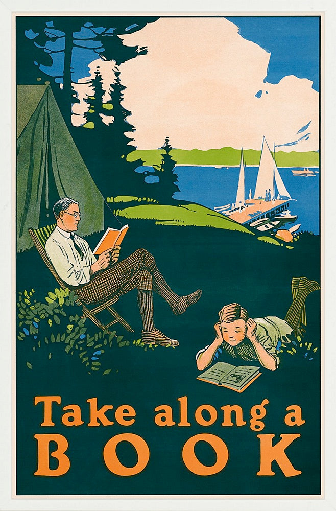 A serene camping scene from the 1910s: a man reads in a chair while a boy reads on the ground, with tall pine trees, a lake, and fluffy clouds in the background.