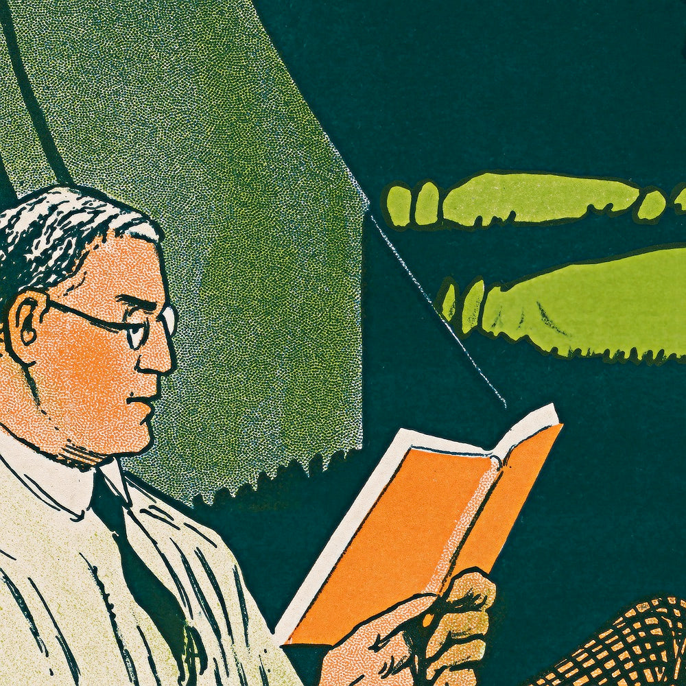 A detail of a serene camping scene from the 1910s: a man reads in a chair while a boy reads on the ground, with tall pine trees, a lake, and fluffy clouds in the background.