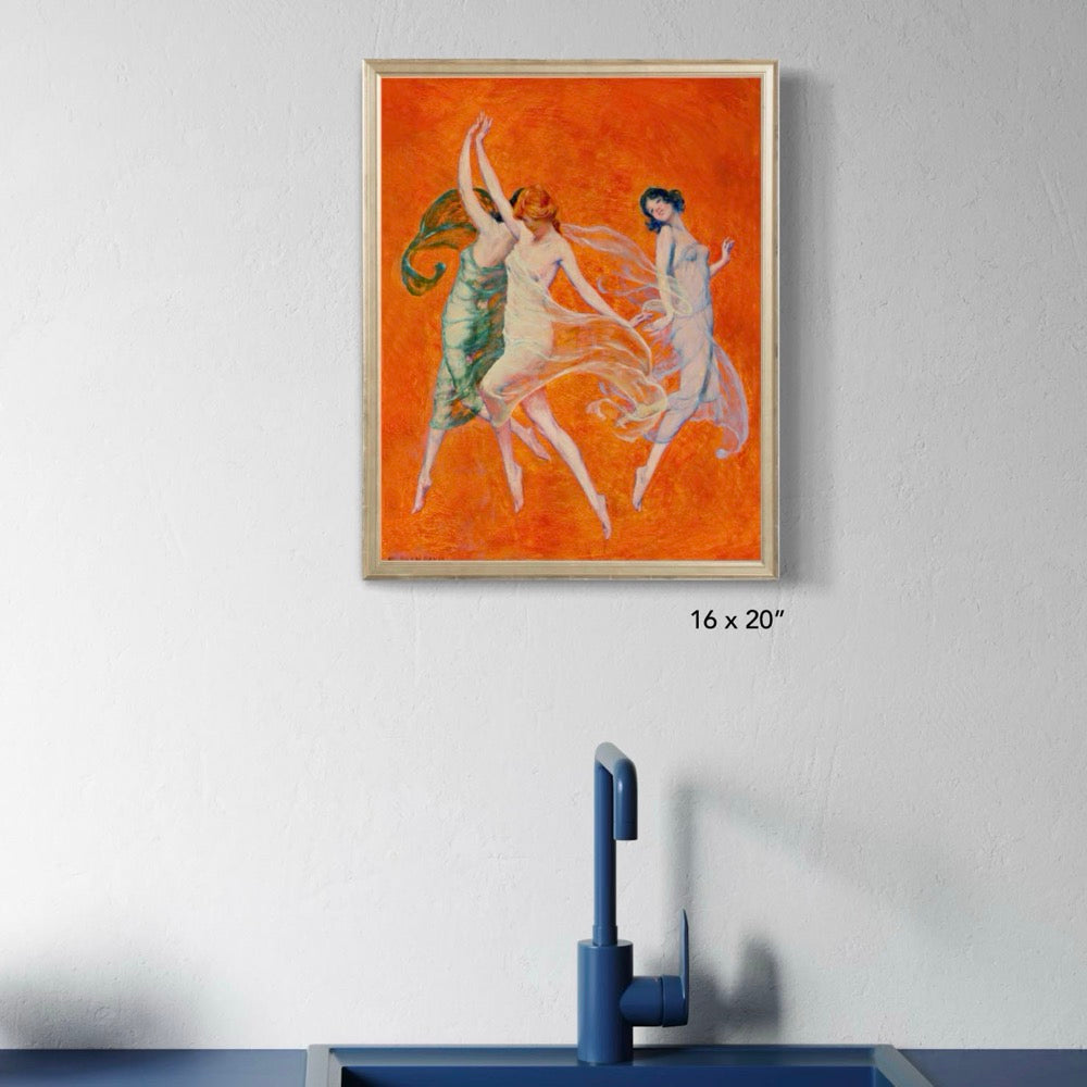 Framed artwork of three dancers on an orange background, displayed on a wall with a blue table and chair.