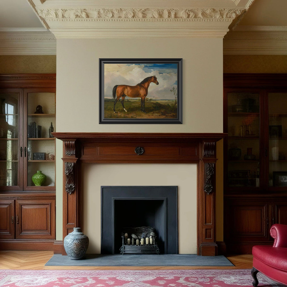 Living room with a fireplace, painting of a horse, and wooden furniture.
