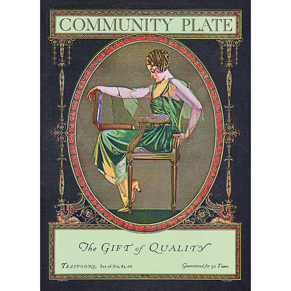 A sophisticated poster capturing the essence of the innovative advertising campaign for "Community Plate" by Oneida Community, Ltd. in 1902, targeting upscale magazines with stylish women.