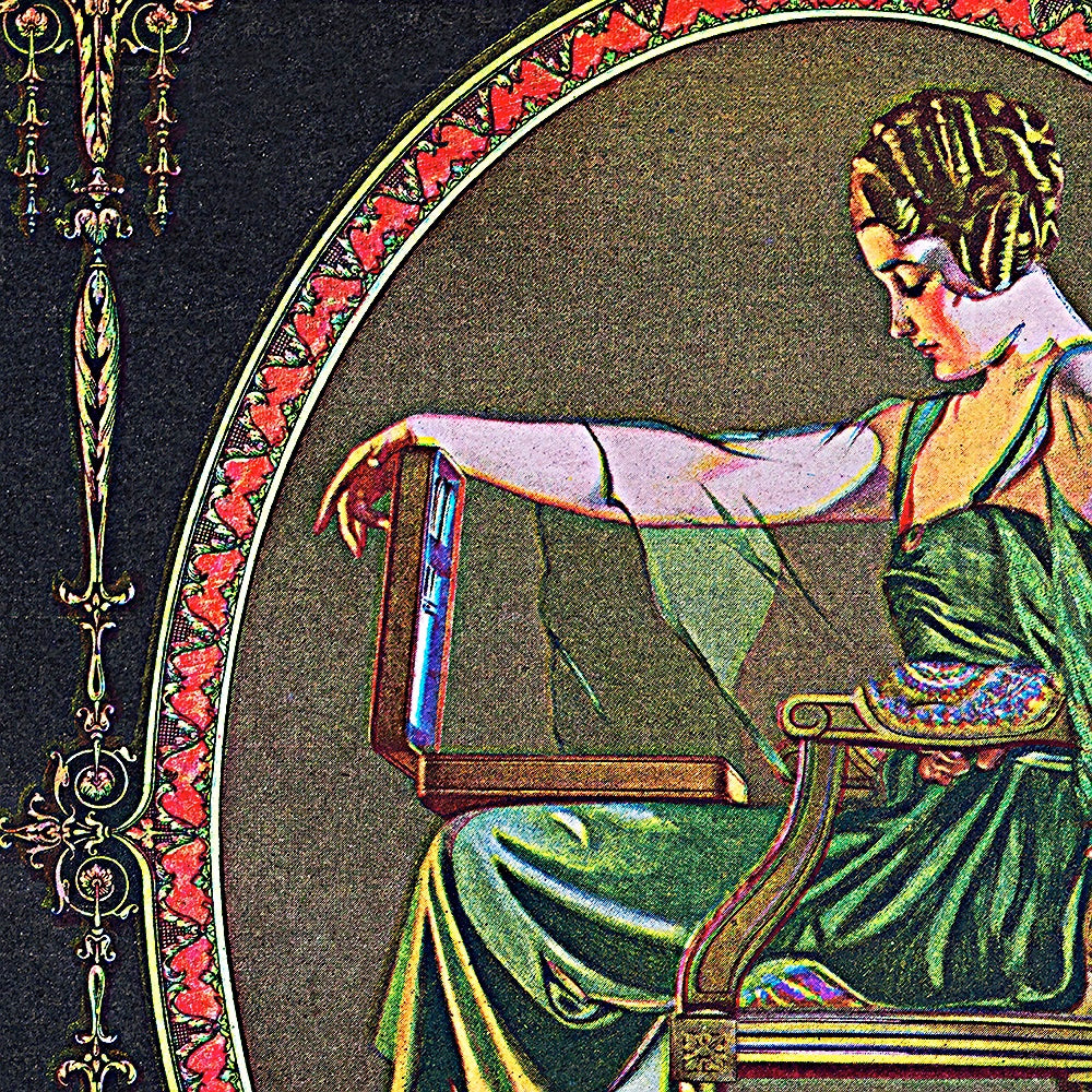 A sophisticated poster capturing the essence of the innovative advertising campaign for "Community Plate" by Oneida Community, Ltd. in 1902, targeting upscale magazines with stylish women.