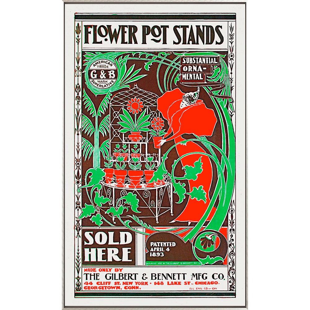 A vintage advertisement showcasing flowerpot stands in red, brown, and green colors.
