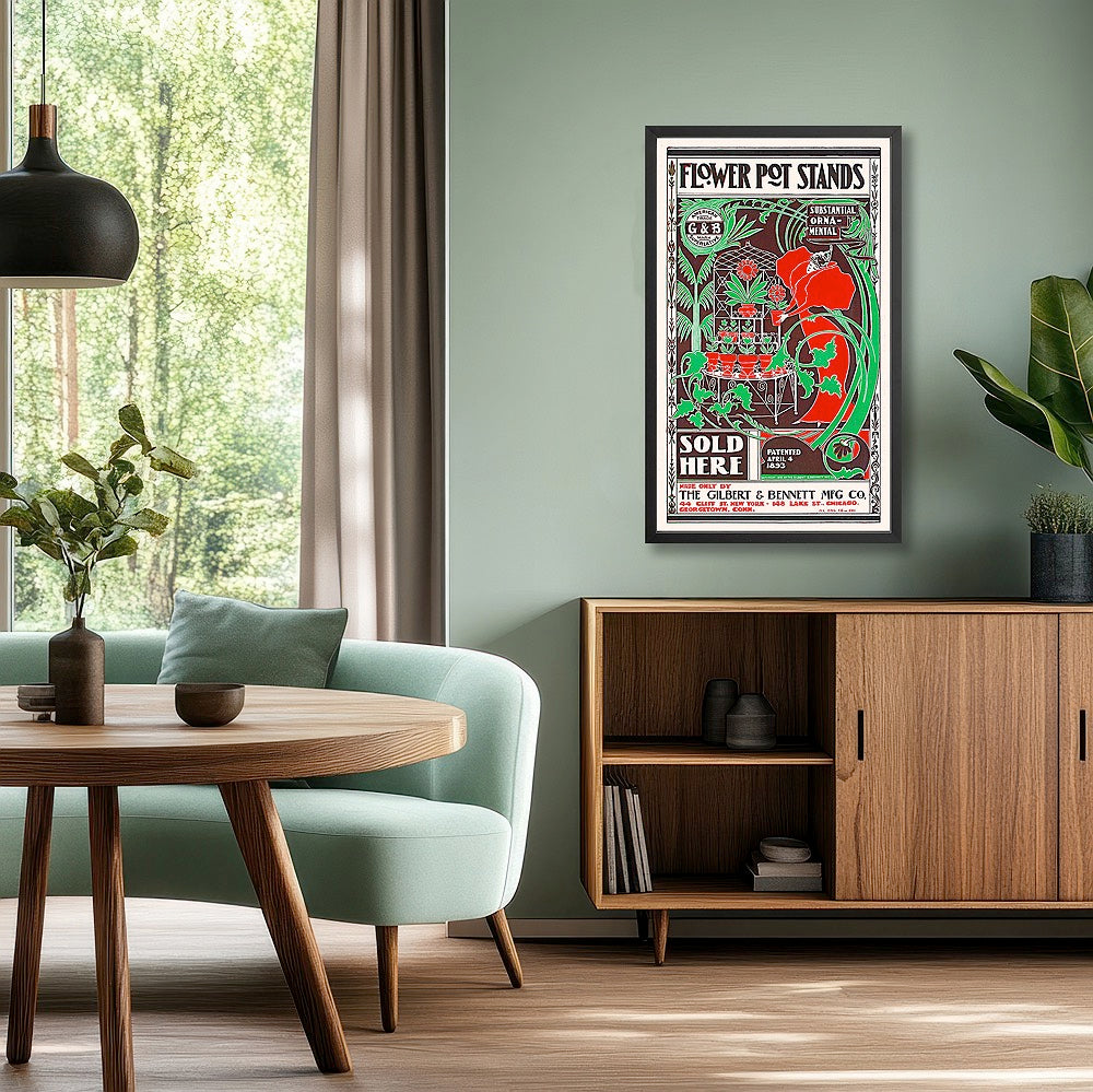 A room showing a vintage flower pot ad with a veined table and flower vases.
