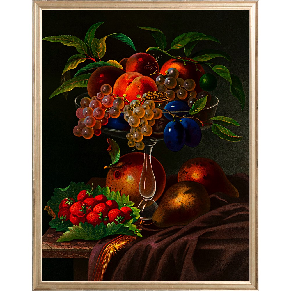 A print of a still life painting showing a clear glass fruit bowl with clusters of deep purple grapes, vibrant green leaves, and dark blue berries. Bright red strawberries on the table below create a striking contrast. Soft lighting adds gentle shadows, emphasizing the contours of the fruit and the bowl's intricate design.