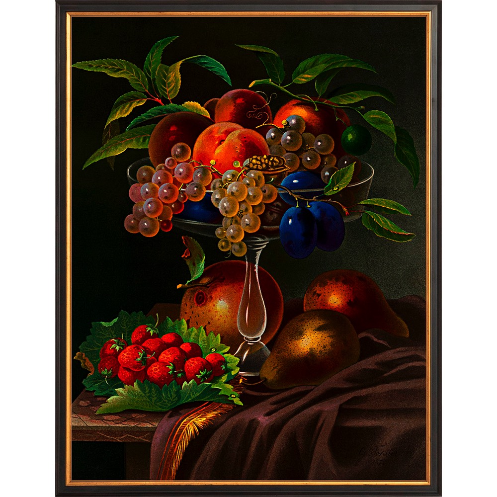 A print of a still life painting showing a clear glass fruit bowl with clusters of deep purple grapes, vibrant green leaves, and dark blue berries. Bright red strawberries on the table below create a striking contrast. Soft lighting adds gentle shadows, emphasizing the contours of the fruit and the bowl's intricate design.