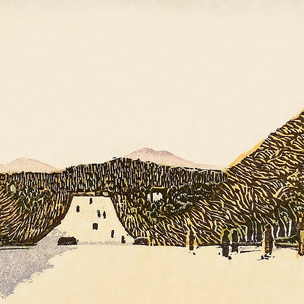A detail of a woodblock print 'Road Leading to the Meiji Shrine (Meiji Jingû Omotesandô)' by Henmi Takashi, depicting a path bordered by majestic trees and Japanese architecture, including torii gates and stone lanterns. Created in the Sōsaku-Hanga style,