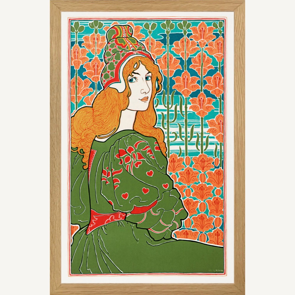 Woman Arts & Crafts Floral Lithograph Art 1898