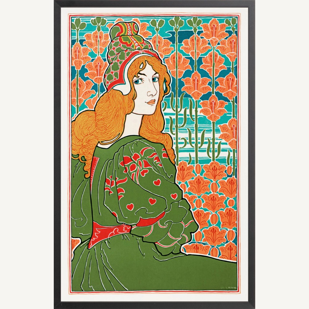 Woman Arts & Crafts Floral Lithograph Art 1898