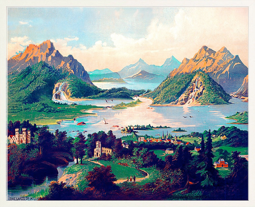 A print depicting the Lakes of Killarney in County Kerry, Ireland. The scene shows a trio of lakes with tree-lined roads winding through lush fields and majestic mountains in the background. A castle in the foreground adds a touch of historical charm.