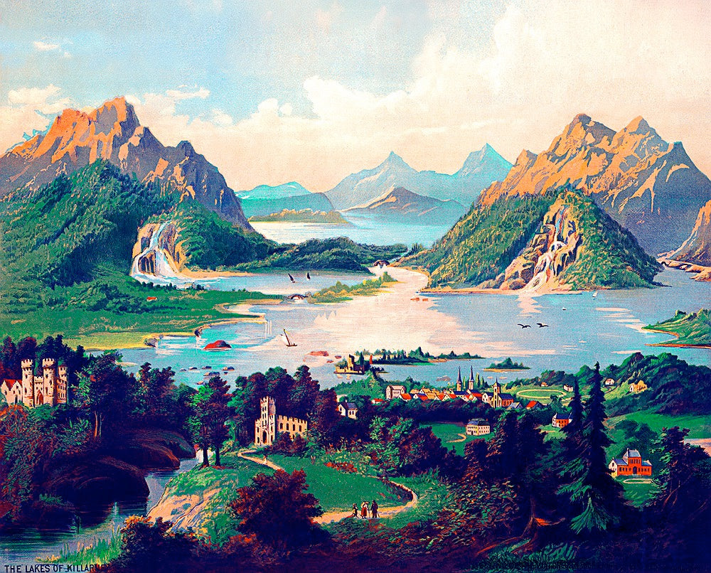 A print depicting the Lakes of Killarney in County Kerry, Ireland. The scene shows a trio of lakes with tree-lined roads winding through lush fields and majestic mountains in the background. A castle in the foreground adds a touch of historical charm.