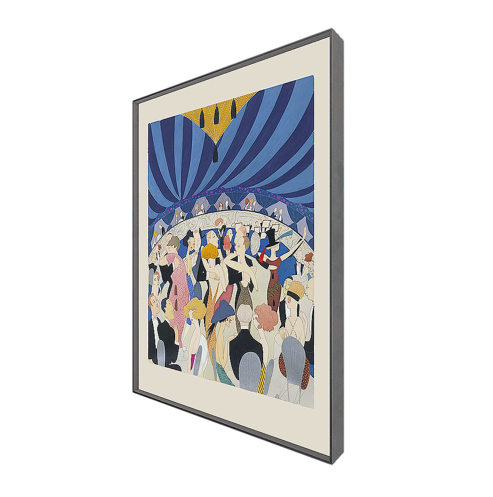 A print depicting a 1920s nightclub with couples dancing on the floor while others chat and enjoy drinks. The bold colors and intricate details evoke the Art Deco style, adding vibrancy to the scene