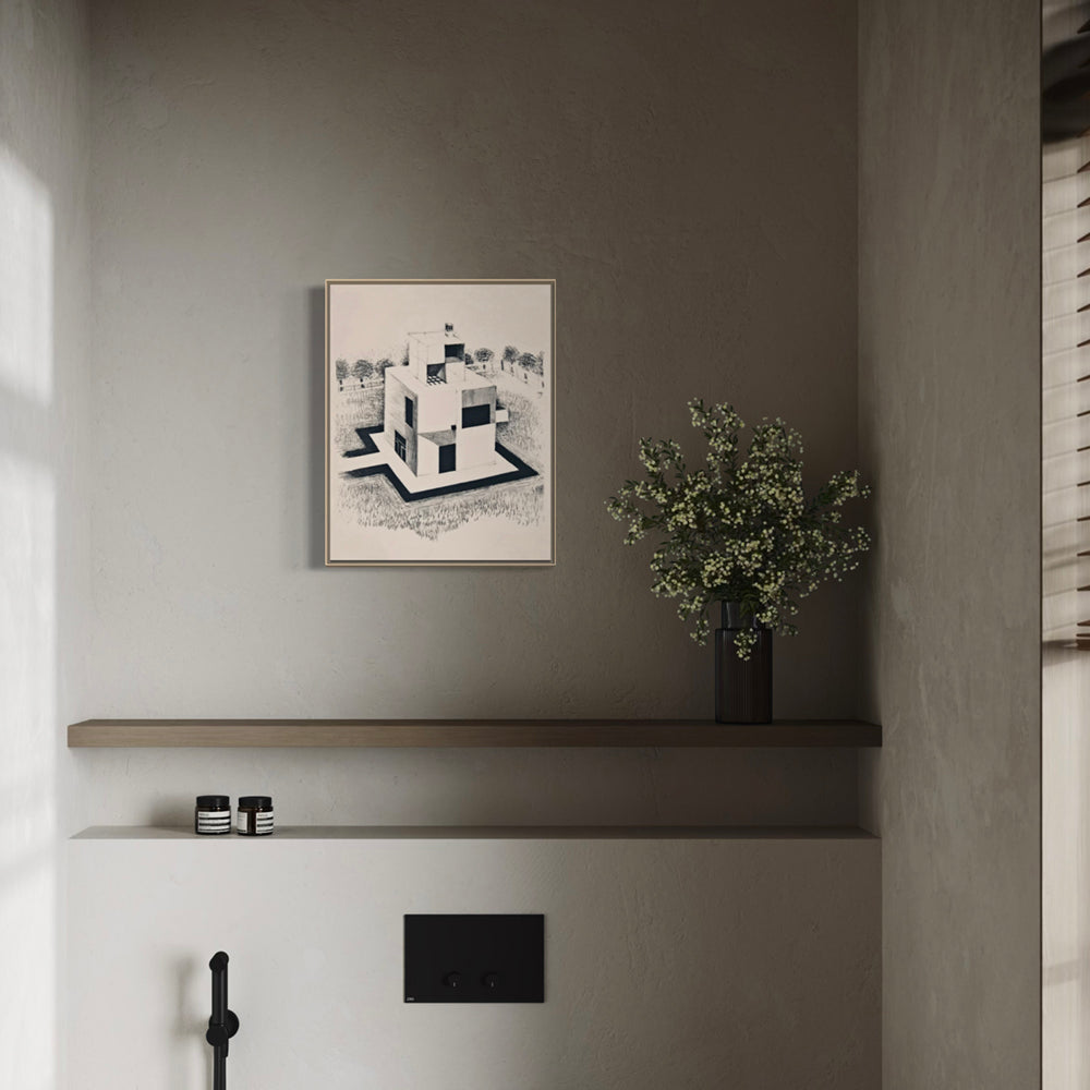 Johannes Itten Bauhaus Print Above Bathroom Shelf, Medium Beige Walls with Green and White Flowers, Modernist Interior Decor Mockup