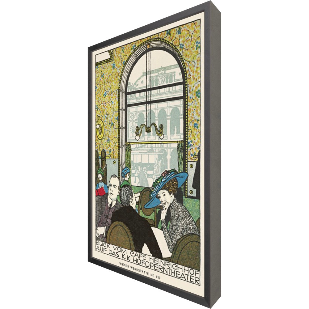 A lively scene at a bustling Viennese café in 1911, with patrons engaged in various activities, set against Vienna's classic architecture.
