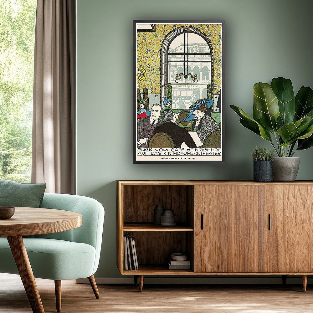 A framed print depicting a Viennese café in 1911, prominently displayed on a wall with interesting accessories.