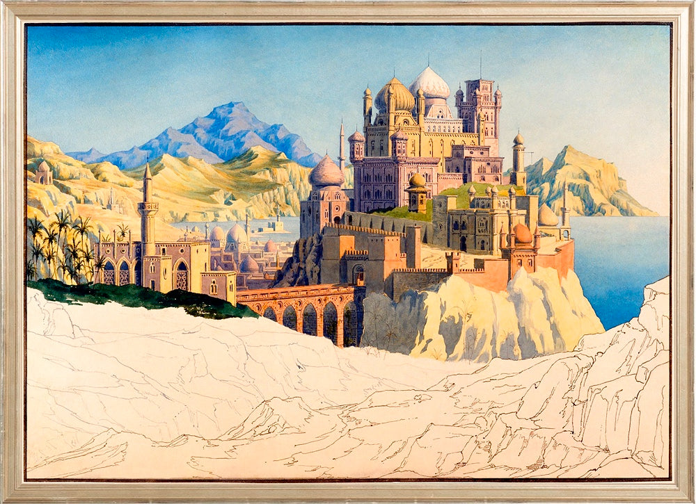 An imaginary Islamic city with multiple domes and towers, set against a mountainous backdrop, surrounded by lush greenery and water.