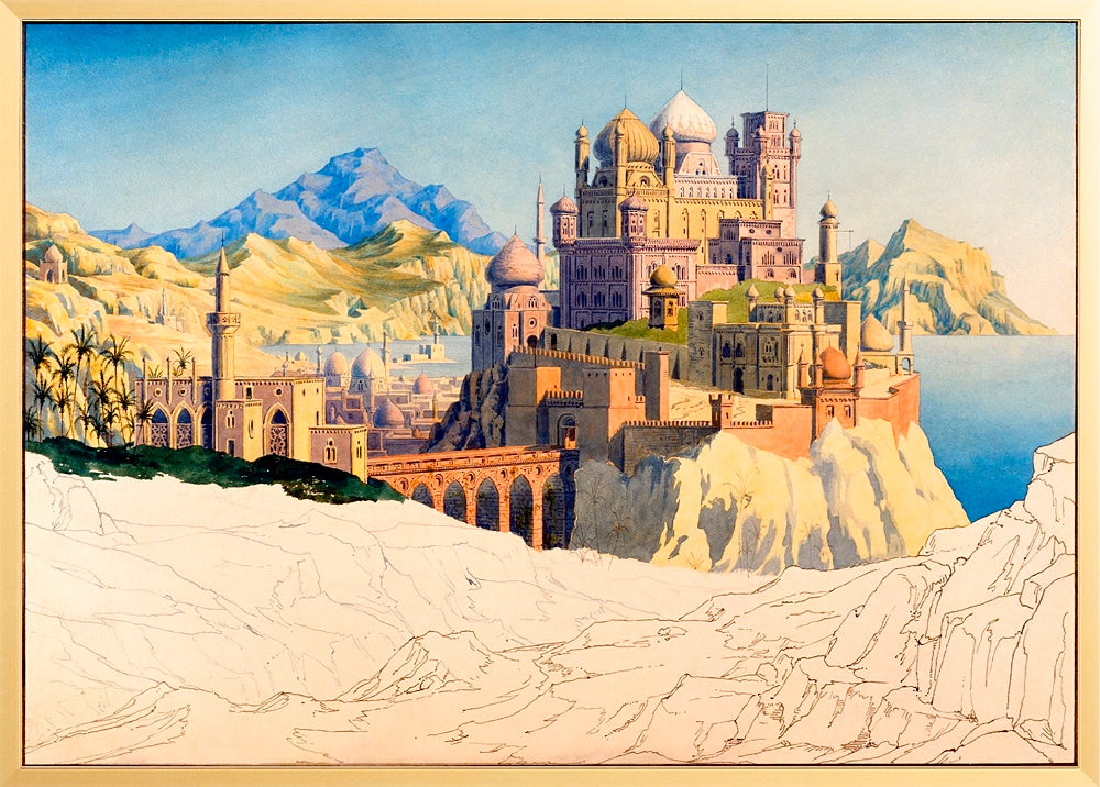 An imaginary Islamic city with multiple domes and towers, set against a mountainous backdrop, surrounded by lush greenery and water.