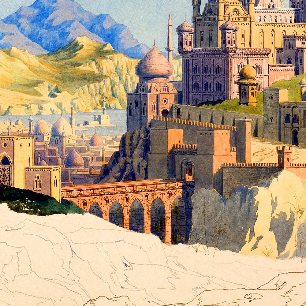 An imaginary Islamic city with multiple domes and towers, set against a mountainous backdrop, surrounded by lush greenery and water.