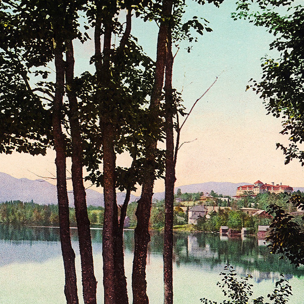 A detail of a print depicting Mirror Lake in the Adirondack Mountains, with tranquil waters reflecting the lush forest and distant peaks, evoking a sense of serenity