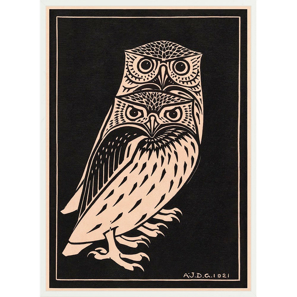 A detailed black and buff colored woodcut print featuring owls on a black background.