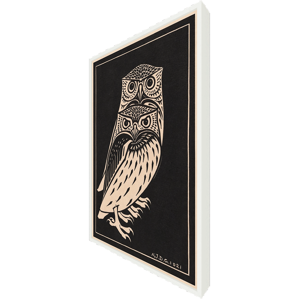 A detailed black and buff colored woodcut print featuring owls on a black background.