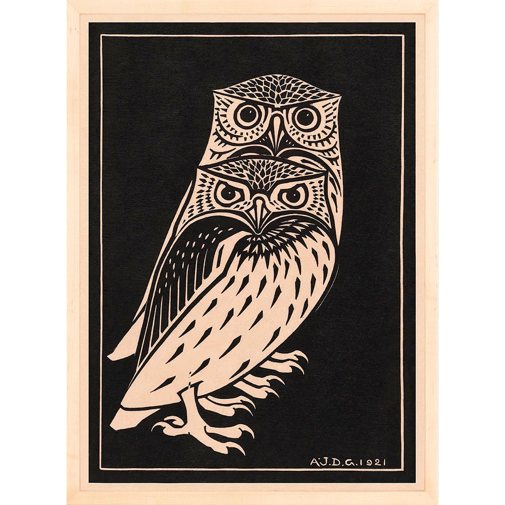 A black and buff print depicting nocturnal owls.