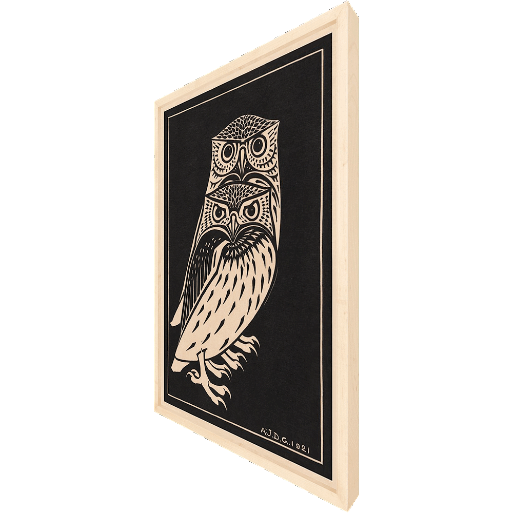 A detailed black and buff colored woodcut print featuring owls on a black background.