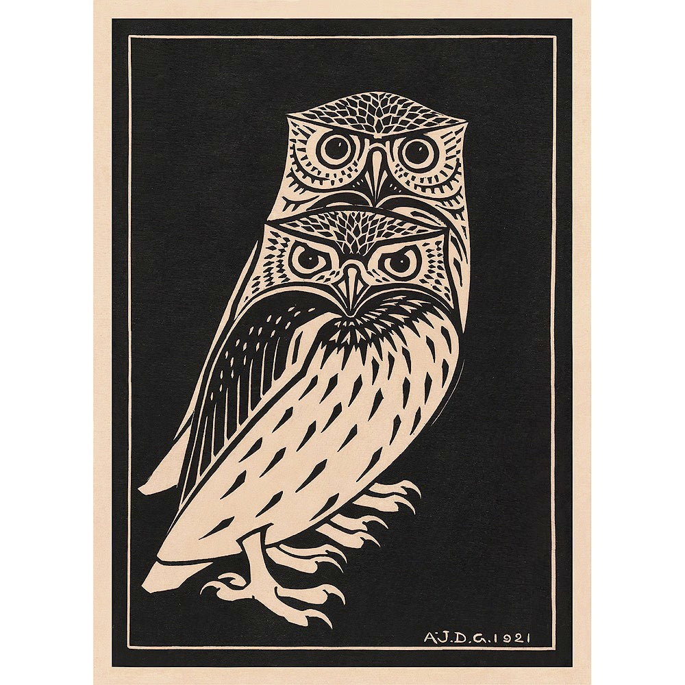 A detailed black and buff colored woodcut print featuring owls on a black background.