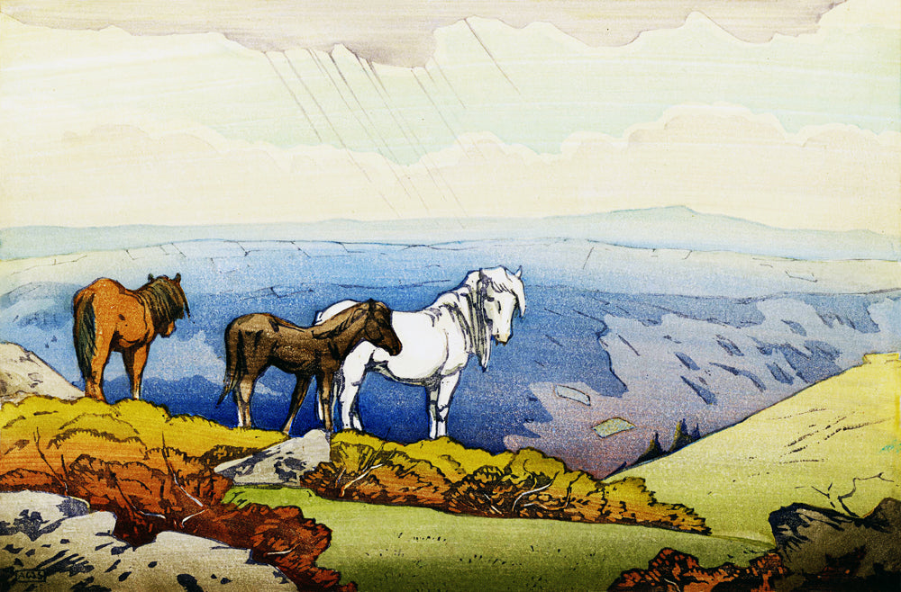 Ponies At Dartmoor — 1930s English Historical Woodcut