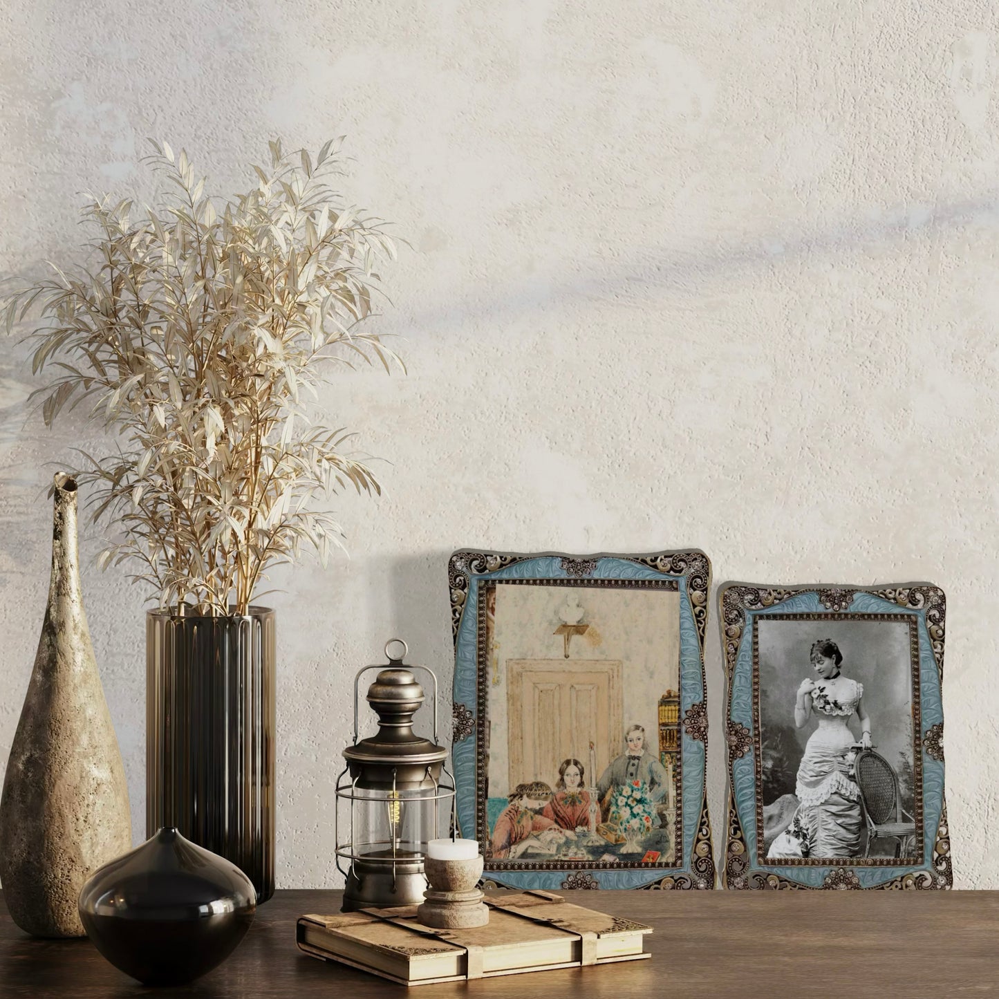 Opulent Art Nouveau Style Photo Frame with Blue and Bronze Accents