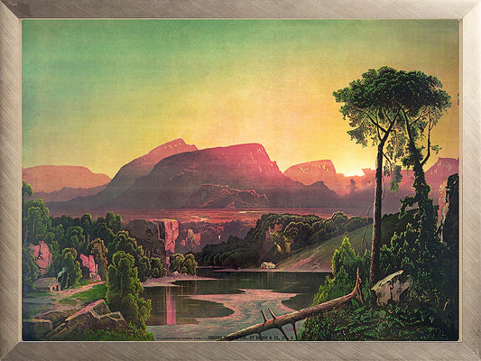A print of a chromolithograph from 1880 depicting dawn over the Allegheny Mountains, with a purple and green horizon, golden mist-covered peaks, and a winding river reflecting the sky. Sparse trees frame the foreground