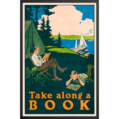 A serene camping scene from the 1910s: a man reads in a chair while a boy reads on the ground, with tall pine trees, a lake, and fluffy clouds in the background.