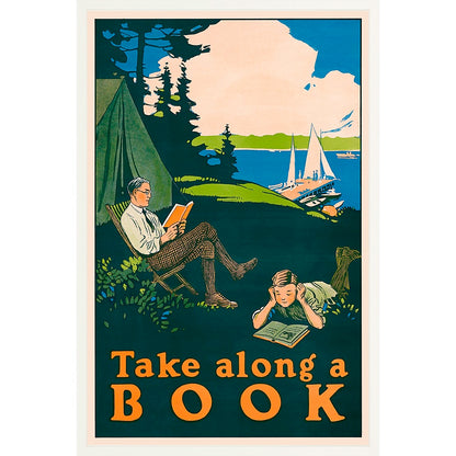 A serene camping scene from the 1910s: a man reads in a chair while a boy reads on the ground, with tall pine trees, a lake, and fluffy clouds in the background.