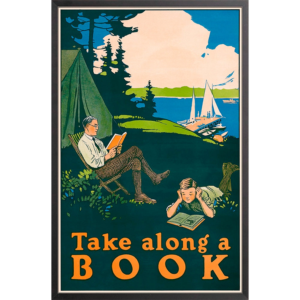 A serene camping scene from the 1910s: a man reads in a chair while a boy reads on the ground, with tall pine trees, a lake, and fluffy clouds in the background.