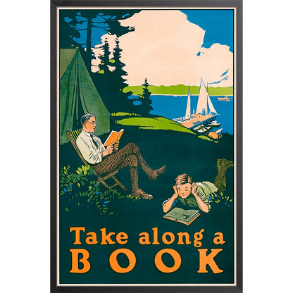 A serene camping scene from the 1910s: a man reads in a chair while a boy reads on the ground, with tall pine trees, a lake, and fluffy clouds in the background.