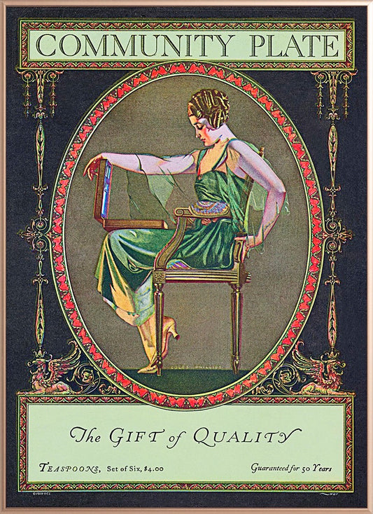 A sophisticated poster capturing the essence of the innovative advertising campaign for "Community Plate" by Oneida Community, Ltd. in 1902, targeting upscale magazines with stylish women.