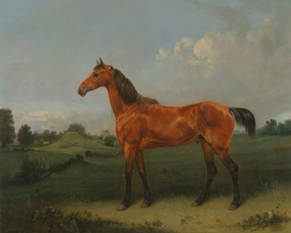 Painting of a brown horse standing in a grassy field with trees and a cloudy sky.
