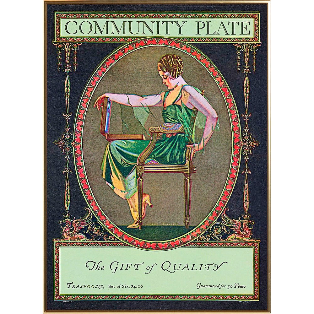 A sophisticated poster capturing the essence of the innovative advertising campaign for "Community Plate" by Oneida Community, Ltd. in 1902, targeting upscale magazines with stylish women.