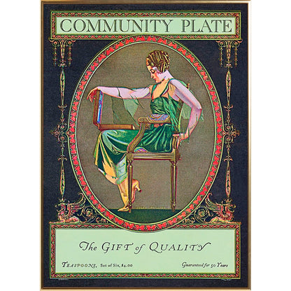 A sophisticated poster capturing the essence of the innovative advertising campaign for "Community Plate" by Oneida Community, Ltd. in 1902, targeting upscale magazines with stylish women.