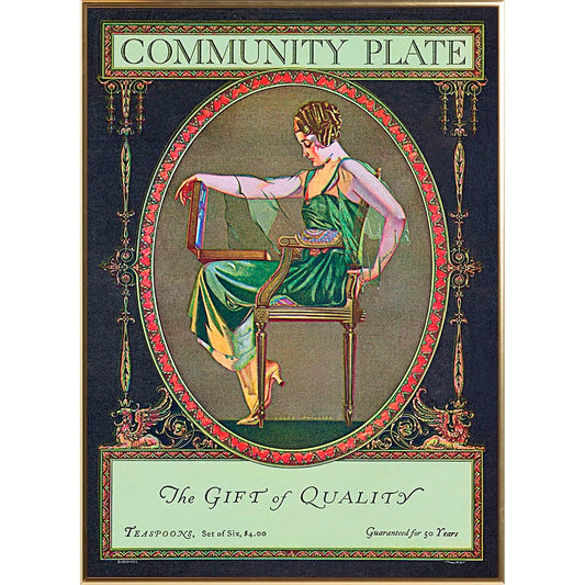 A sophisticated poster capturing the essence of the innovative advertising campaign for "Community Plate" by Oneida Community, Ltd. in 1902, targeting upscale magazines with stylish women.