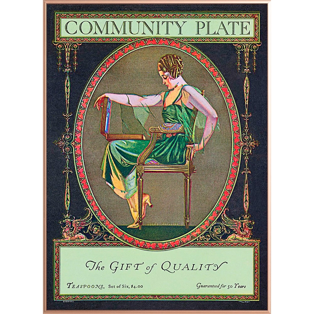 A sophisticated poster capturing the essence of the innovative advertising campaign for "Community Plate" by Oneida Community, Ltd. in 1902, targeting upscale magazines with stylish women.