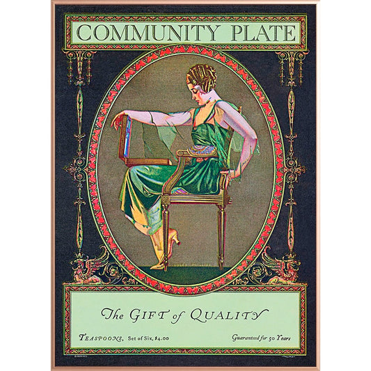 A sophisticated poster capturing the essence of the innovative advertising campaign for "Community Plate" by Oneida Community, Ltd. in 1902, targeting upscale magazines with stylish women.