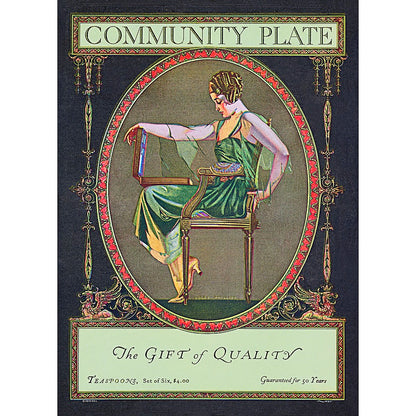 A sophisticated poster capturing the essence of the innovative advertising campaign for "Community Plate" by Oneida Community, Ltd. in 1902, targeting upscale magazines with stylish women.