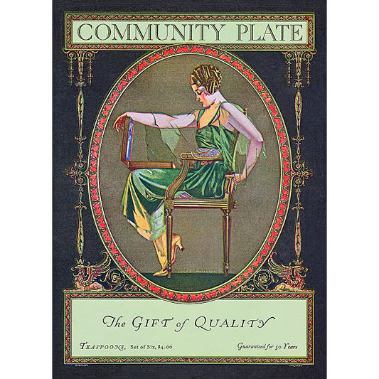 A sophisticated poster capturing the essence of the innovative advertising campaign for "Community Plate" by Oneida Community, Ltd. in 1902, targeting upscale magazines with stylish women.