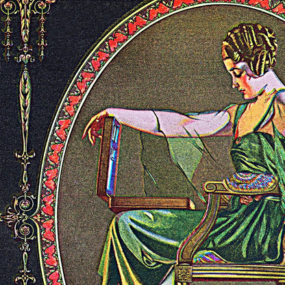 A sophisticated poster capturing the essence of the innovative advertising campaign for "Community Plate" by Oneida Community, Ltd. in 1902, targeting upscale magazines with stylish women.