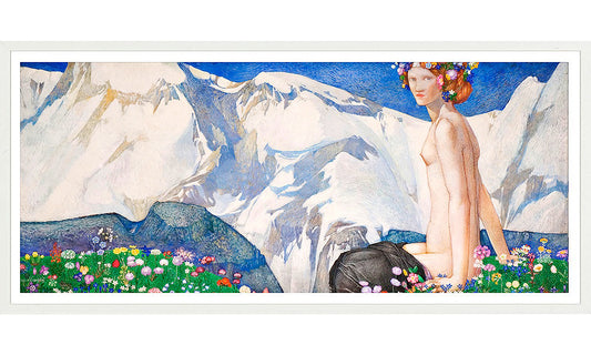 A print of a nude woman adorned with a floral wreath, sitting in front of snowy mountain peaks and surrounded by colorful flowers. The scene blends soft greens and floral tones into a harmonious landscape.