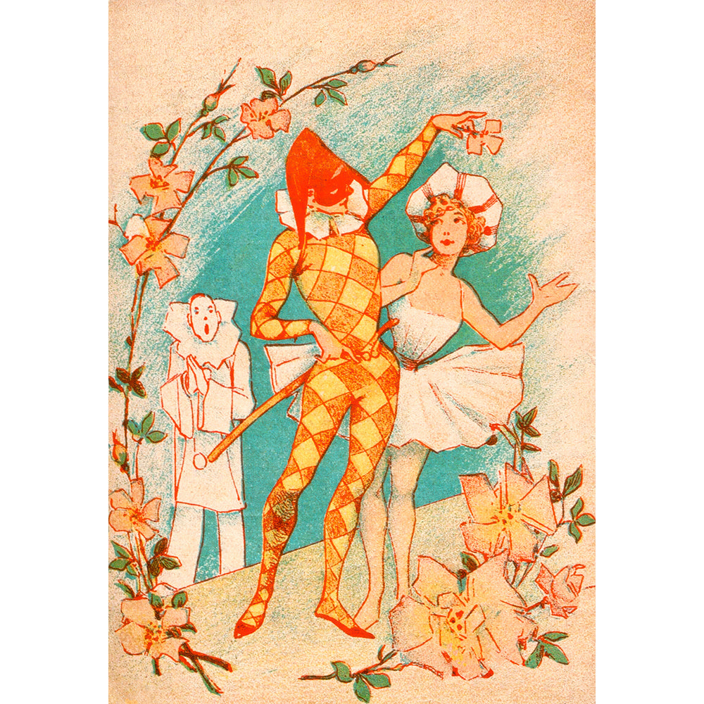 Restored Zig (Louis Gaudin) Art Deco Print, Commedia dell'arte Trio Harlequin Columbine and Pierrot, 1920s Parisian Theater Poster