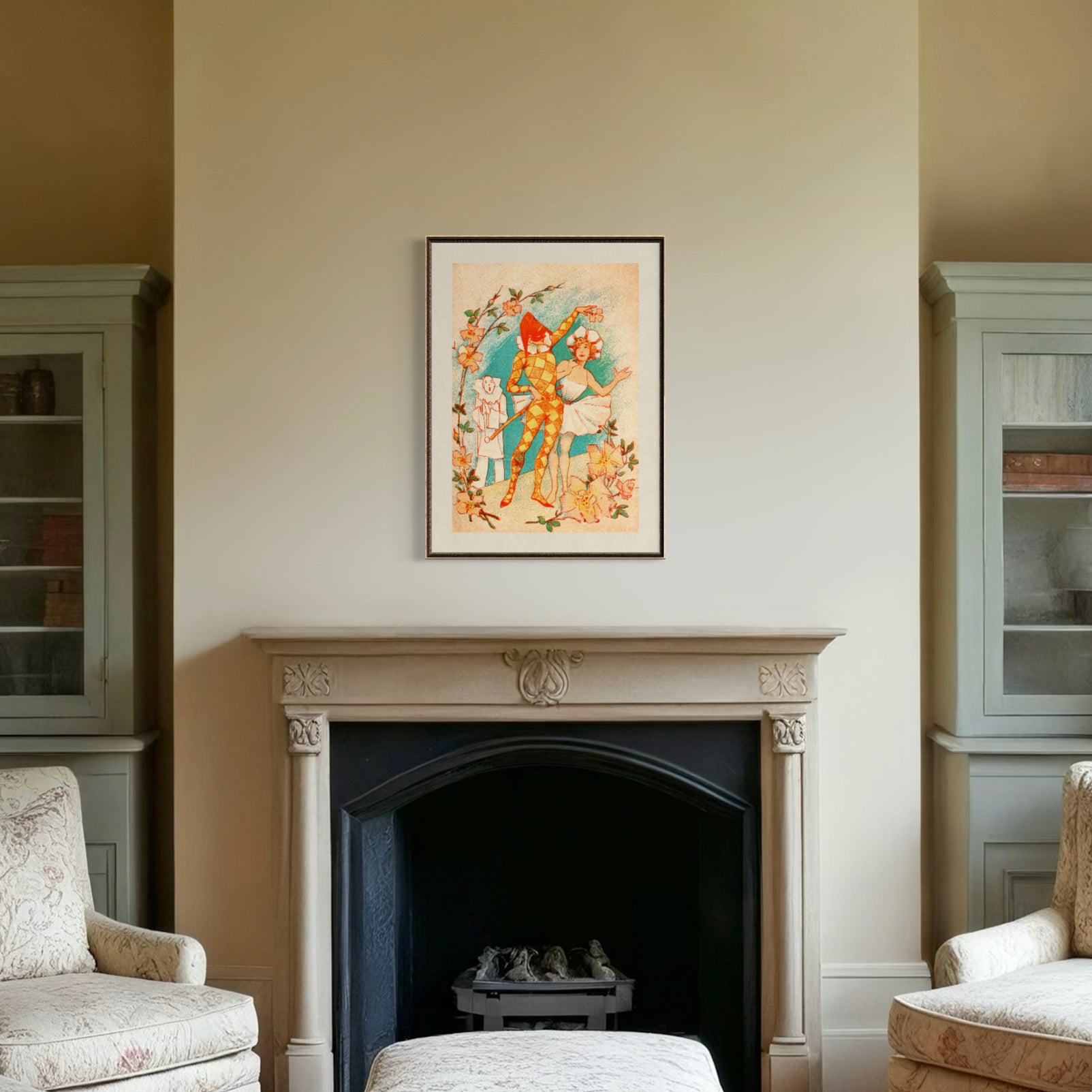 Vintage Casino de Paris Theater Art Above a Neoclassical Fireplace, Pale Yellow Walls with Antique Green Bookcases, Traditional Meets Modern Living Room Mockup